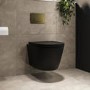 Matt Black Wall Hung Rimless Toilet with Soft Close Seat, Brushed Brass Pneumatic Flush Plate, 820mm Frame & Cistern – Newport