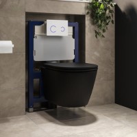 Matt Black Wall Hung Rimless Toilet with Soft Close Seat, White Glass Sensor  Flush Plate, 820mm Frame & Cistern – Newport