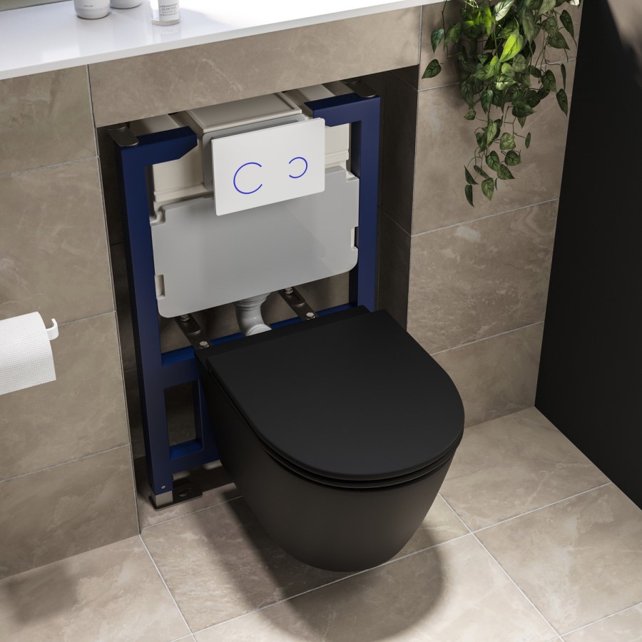 Matt Black Wall Hung Rimless Toilet with Soft Close Seat, White Glass Sensor  Flush Plate, 820mm Frame & Cistern – Newport