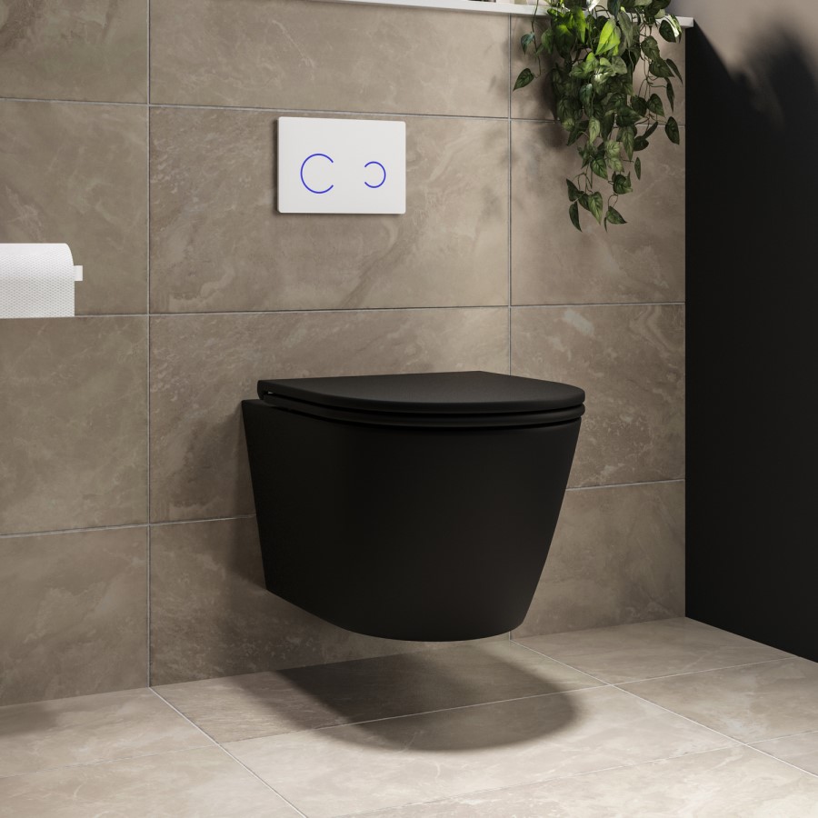 Matt Black Wall Hung Rimless Toilet with Soft Close Seat, White Glass Sensor  Flush Plate, 820mm Frame & Cistern – Newport