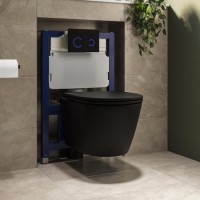 Matt Black Wall Hung Rimless Toilet with Soft Close Seat, Black Glass Sensor Flush Plate, 820mm Frame & Cistern – Newport