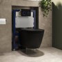 Matt Black Wall Hung Rimless Toilet with Soft Close Seat, Black Glass Sensor Flush Plate, 820mm Frame & Cistern – Newport