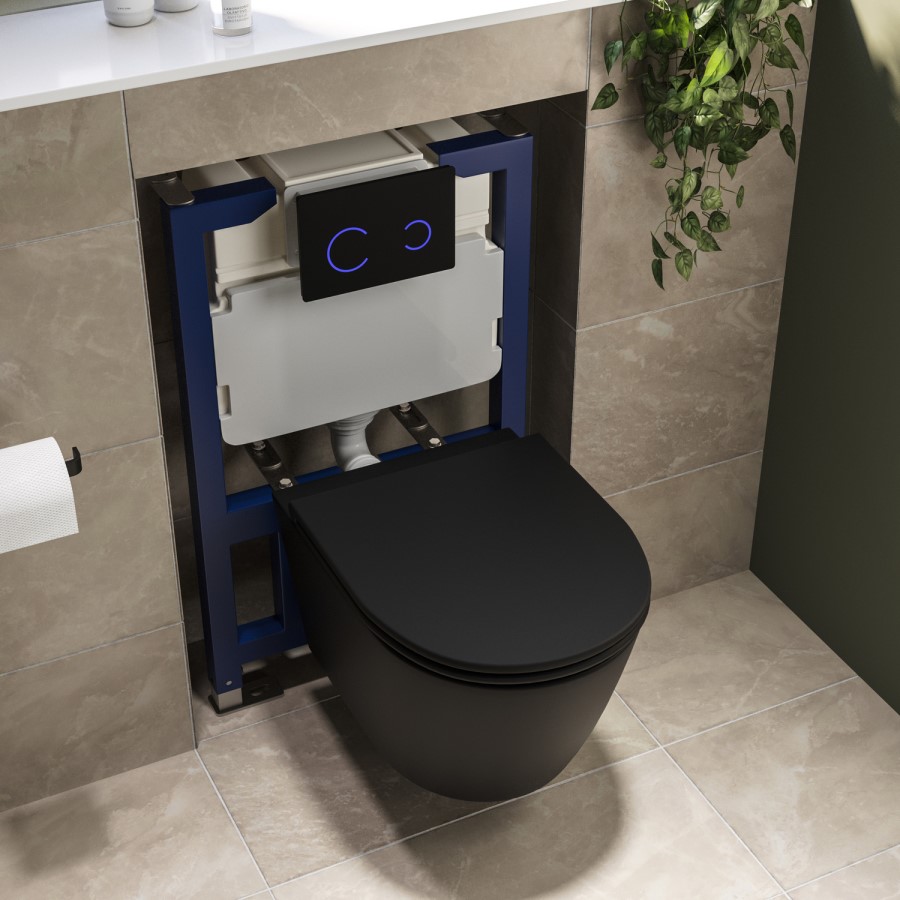 Matt Black Wall Hung Rimless Toilet with Soft Close Seat, Black Glass Sensor Flush Plate, 820mm Frame & Cistern – Newport