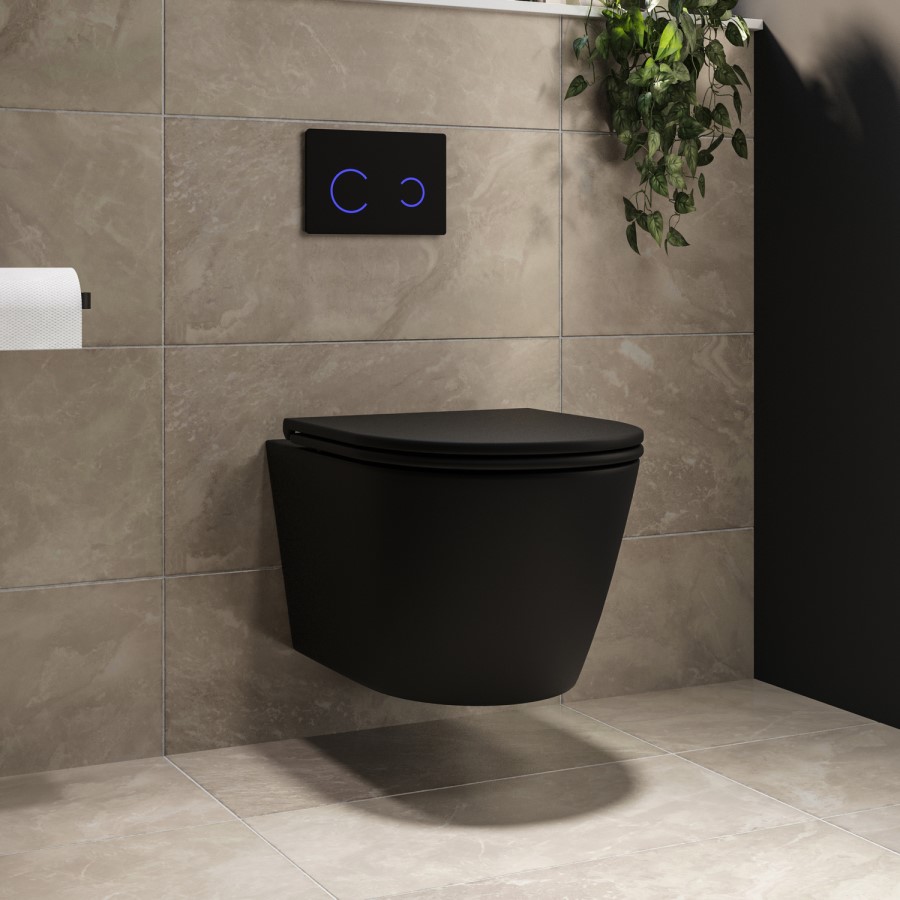 Matt Black Wall Hung Rimless Toilet with Soft Close Seat, Black Glass Sensor Flush Plate, 820mm Frame & Cistern – Newport