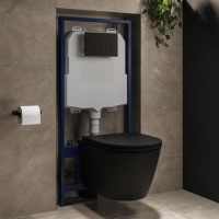 Matt Black Wall Hung Rimless Toilet with Soft Close Seat, Matt Black Mechanical Flush Plate, 1168mm Frame & Cistern – Newport
