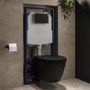 Matt Black Wall Hung Rimless Toilet with Soft Close Seat, Matt Black Mechanical Flush Plate, 1168mm Frame & Cistern – Newport