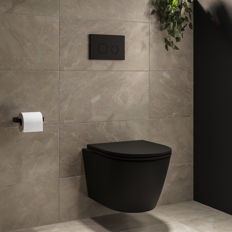 Matt Black Wall Hung Rimless Toilet with Soft Close Seat, Matt Black Mechanical Flush Plate, 1168mm Frame & Cistern – Newport