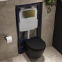 Matt Black Wall Hung Rimless Toilet with Soft Close Seat, Brushed Brass Mechanical Flush Plate, 1168mm Frame & Cistern – Newport