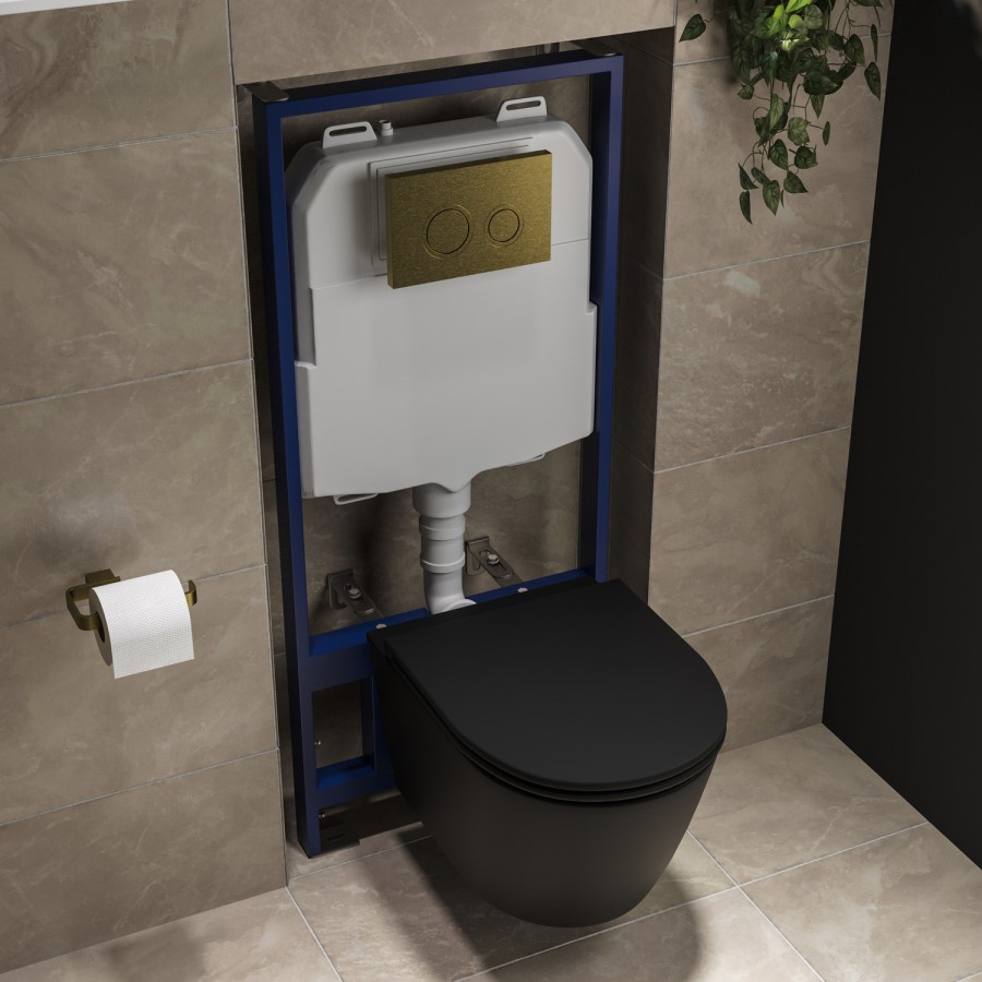 Matt Black Wall Hung Rimless Toilet with Soft Close Seat, Brushed Brass Mechanical Flush Plate, 1168mm Frame & Cistern – Newport