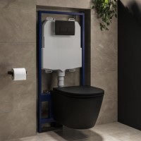 Matt Black Wall Hung Rimless Toilet with Soft Close Seat, Matt Black Pneumatic Flush Plate, 1168mm Frame & Cistern – Newport