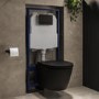 Matt Black Wall Hung Rimless Toilet with Soft Close Seat, Matt Black Pneumatic Flush Plate, 1168mm Frame & Cistern – Newport