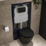 Matt Black Wall Hung Rimless Toilet with Soft Close Seat, Matt Black Pneumatic Flush Plate, 1168mm Frame & Cistern – Newport