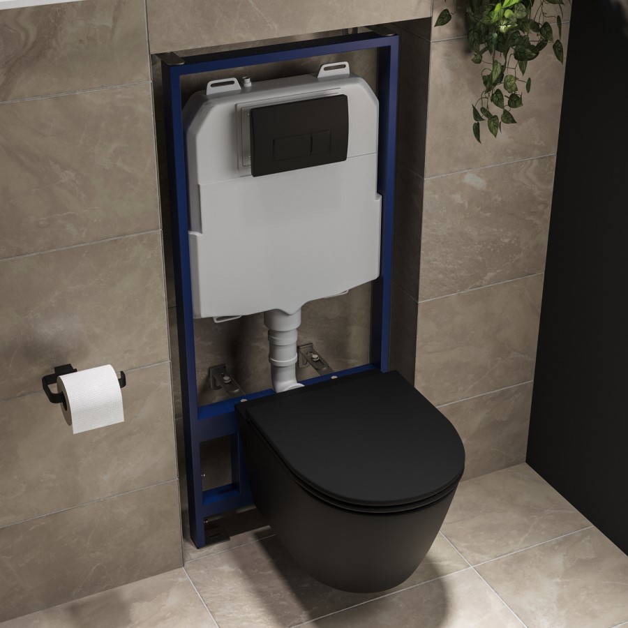 Matt Black Wall Hung Rimless Toilet with Soft Close Seat, Matt Black Pneumatic Flush Plate, 1168mm Frame & Cistern – Newport