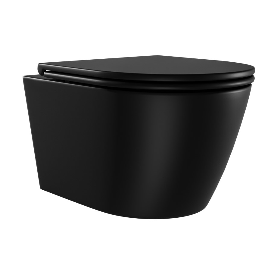 Matt Black Wall Hung Rimless Toilet with Soft Close Seat, Matt Black Pneumatic Flush Plate, 1168mm Frame & Cistern – Newport