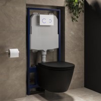 Matt Black Wall Hung Rimless Toilet with Soft Close Seat, White Glass Sensor Flush Plate, 1168mm Frame & Cistern – Newport