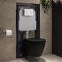 Matt Black Wall Hung Rimless Toilet with Soft Close Seat, White Glass Sensor Flush Plate, 1168mm Frame & Cistern – Newport