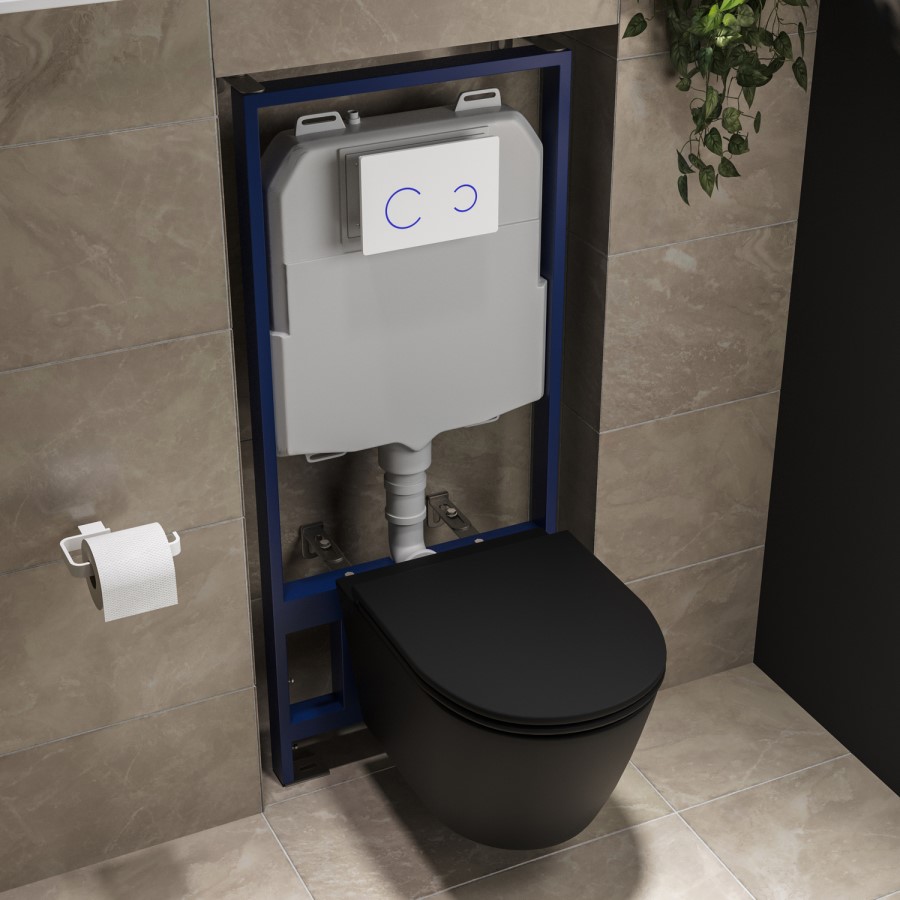 Matt Black Wall Hung Rimless Toilet with Soft Close Seat, White Glass Sensor Flush Plate, 1168mm Frame & Cistern – Newport