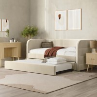 Velvet Single Day Bed with Pull Out Trundle in Beige - Newton