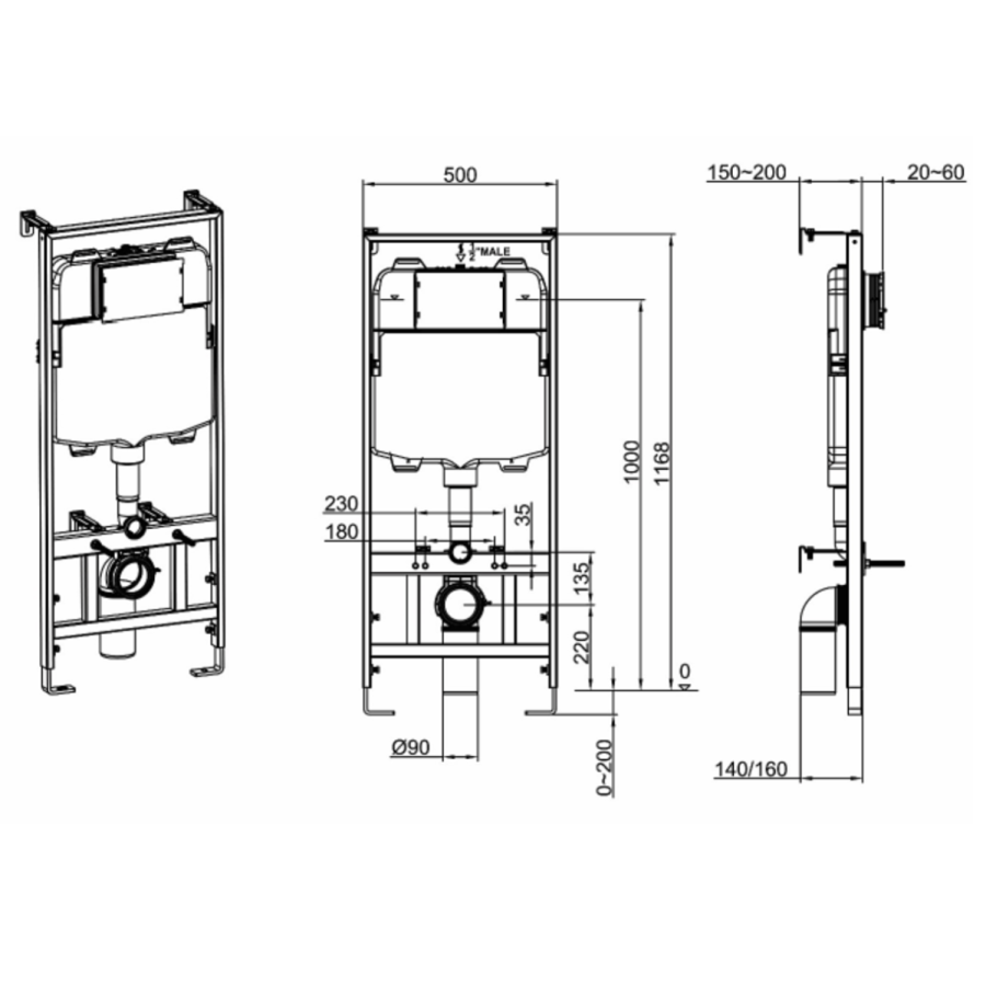 Fluted Wall Hung Rimless Toilet with Soft Close Seat, Matt Black Mechanical Flush Plate, 1168mm Frame & Cistern – Oregon