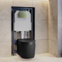 Matt Black Fluted Wall Hung Rimless Toilet with Soft Close Seat, Brushed Brass Mechanical Flush Plate, 1168mm Frame & Cistern – Oregon