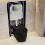 Matt Black Fluted Wall Hung Rimless Toilet with Soft Close Seat, Brushed Brass Mechanical Flush Plate, 1168mm Frame & Cistern – Oregon