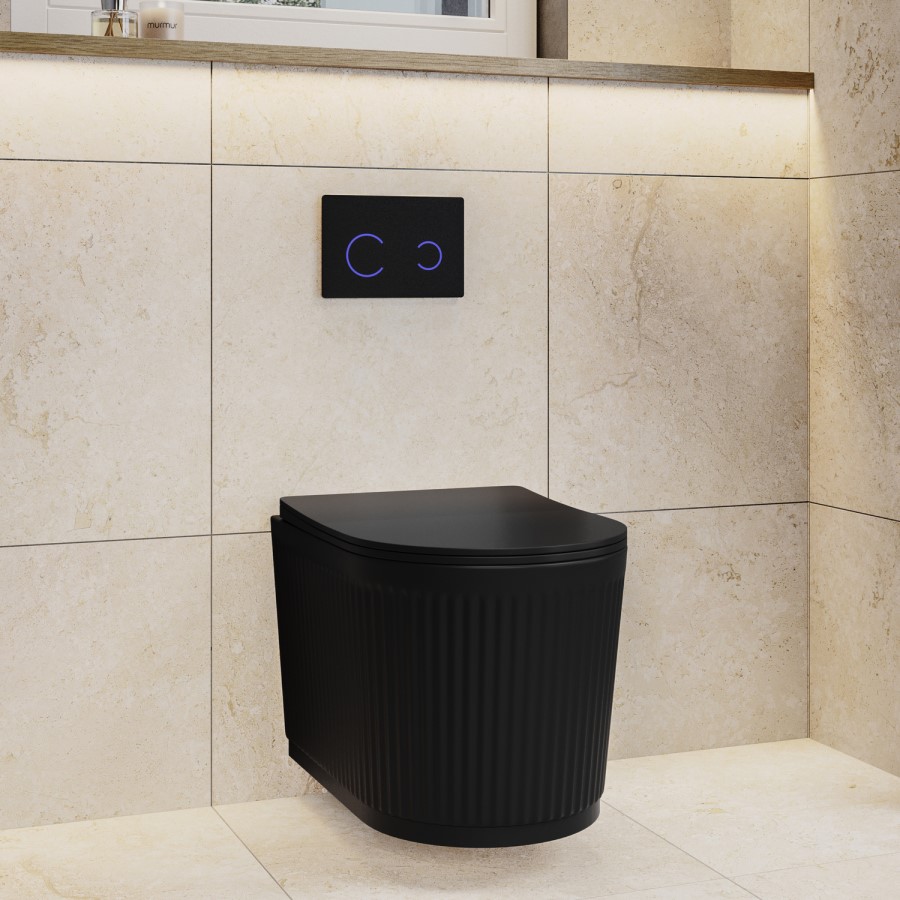 Matt Black Fluted Wall Hung Rimless Toilet with Soft Close Seat, Black Glass Sensor Flush Plate, 820mm Frame & Cistern – Oregon