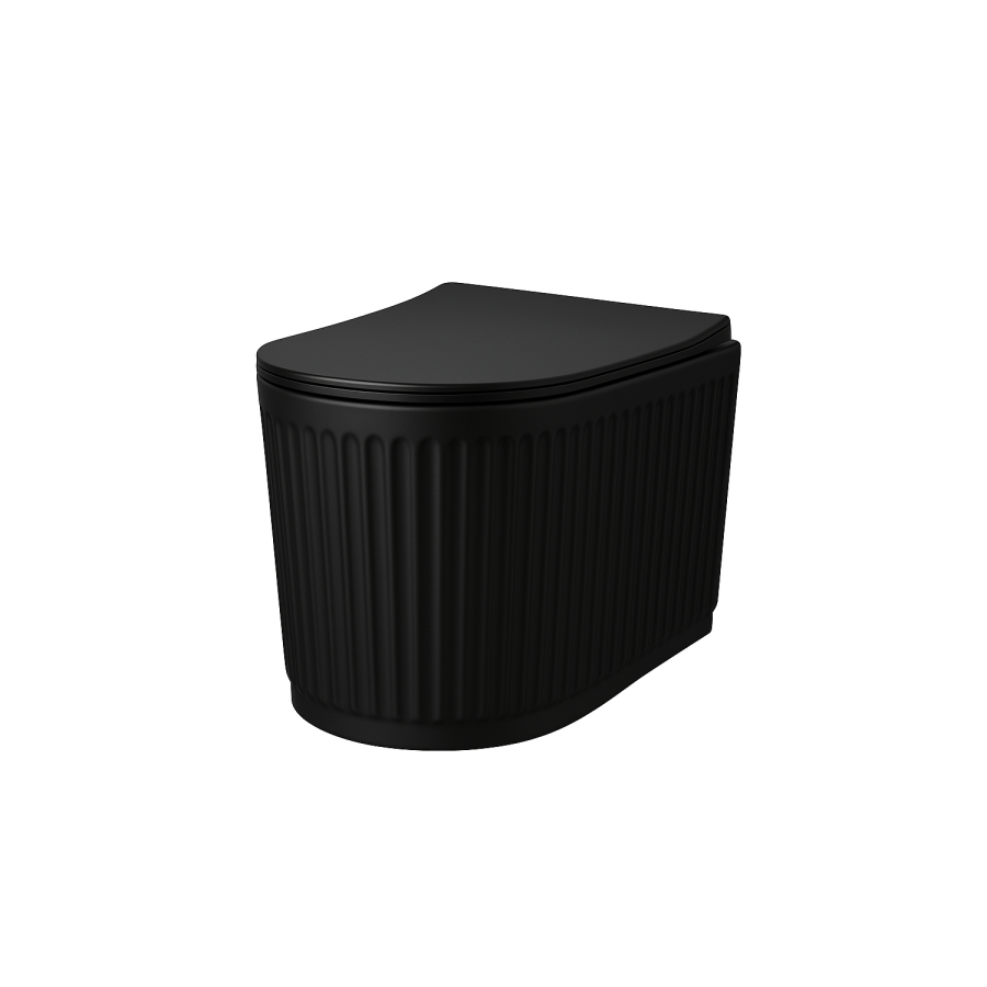 Matt Black Fluted Wall Hung Rimless Toilet with Soft Close Seat, White Glass Sensor Flush Plate, 820mm Frame & Cistern – Oregon