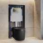 Matt Black Fluted Wall Hung Rimless Toilet with Soft Close Seat, Brushed Brass Pneumatic Flush Plate, 1168mm Frame & Cistern – Oregon