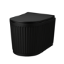 Matt Black Fluted Wall Hung Rimless Toilet with Soft Close Seat, Brushed Brass Pneumatic Flush Plate, 1168mm Frame & Cistern – Oregon