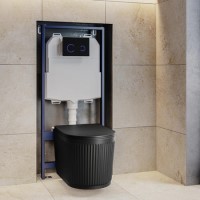 Matt Black Fluted Wall Hung Rimless Toilet with Soft Close Seat, Black Glass Sensor Flush Plate, 1168mm Frame & Cistern – Oregon