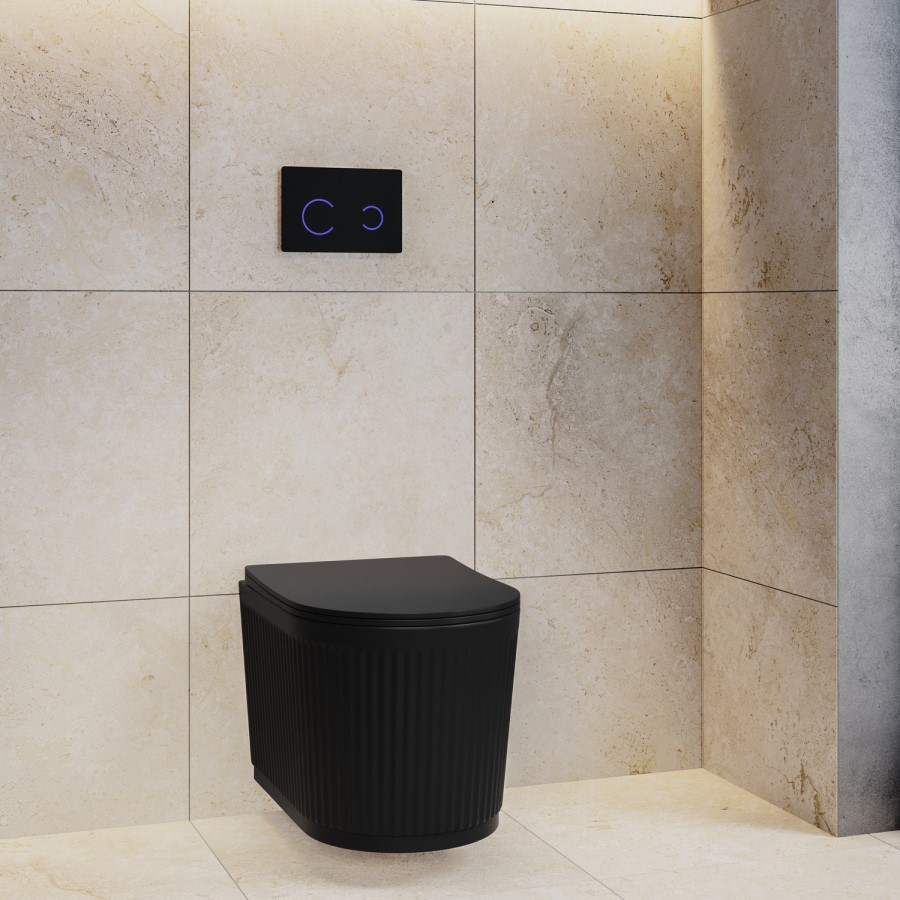 Matt Black Fluted Wall Hung Rimless Toilet with Soft Close Seat, Black Glass Sensor Flush Plate, 1168mm Frame & Cistern – Oregon