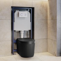 Matt Black Fluted Wall Hung Rimless Toilet with Soft Close Seat, White Glass Sensor Flush Plate, 1168mm Frame & Cistern – Oregon