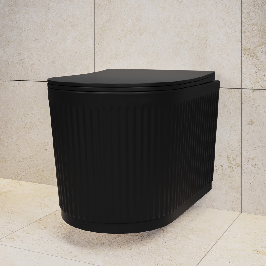 Matt Black Fluted Wall Hung Rimless Toilet with Soft Close Seat, White Glass Sensor Flush Plate, 1168mm Frame & Cistern – Oregon