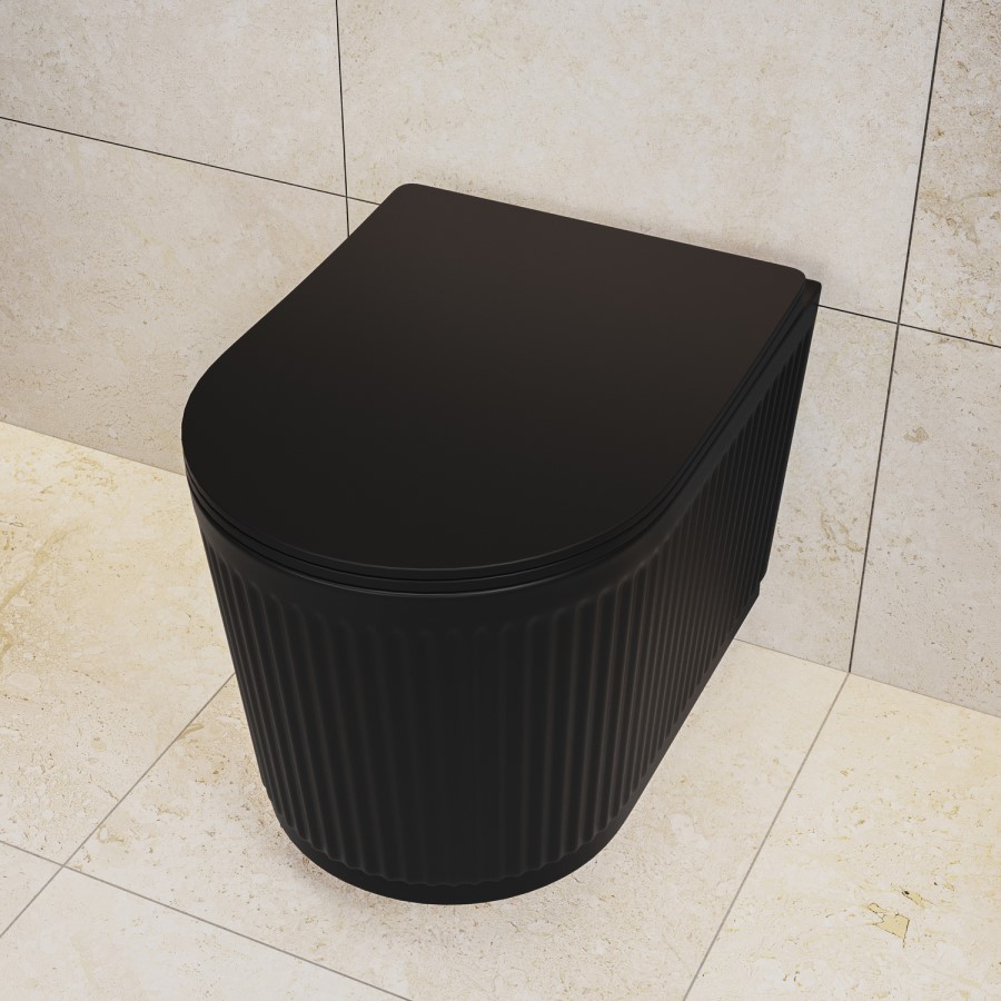 Matt Black Fluted Wall Hung Rimless Toilet with Soft Close Seat, White Glass Sensor Flush Plate, 1168mm Frame & Cistern – Oregon
