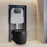 Matt Black Fluted Wall Hung Rimless Toilet with Soft Close Seat, Gunmetal Pneumatic Flush Plate, 1168mm Frame & Cistern – Oregon