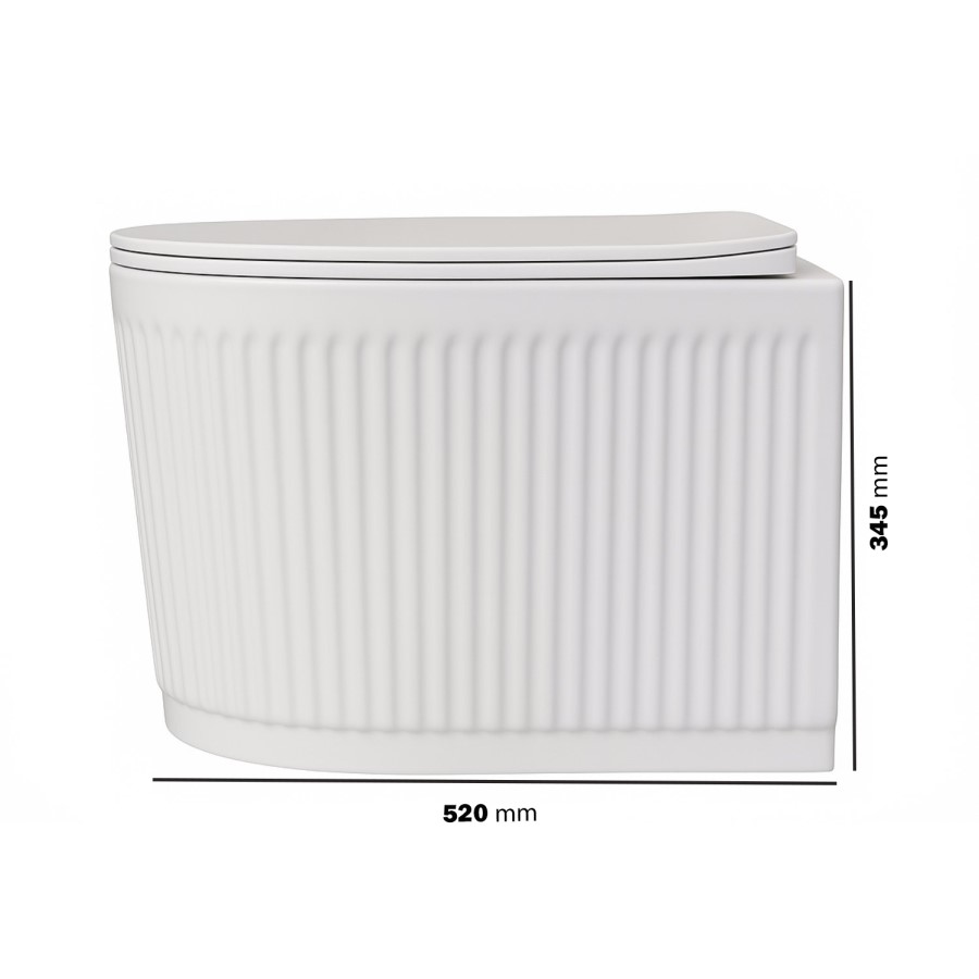 Fluted Wall Hung Rimless Toilet with Soft Close Seat, Matt Black Pneumatic Flush Plate, 820mm Frame & Cistern – Oregon
