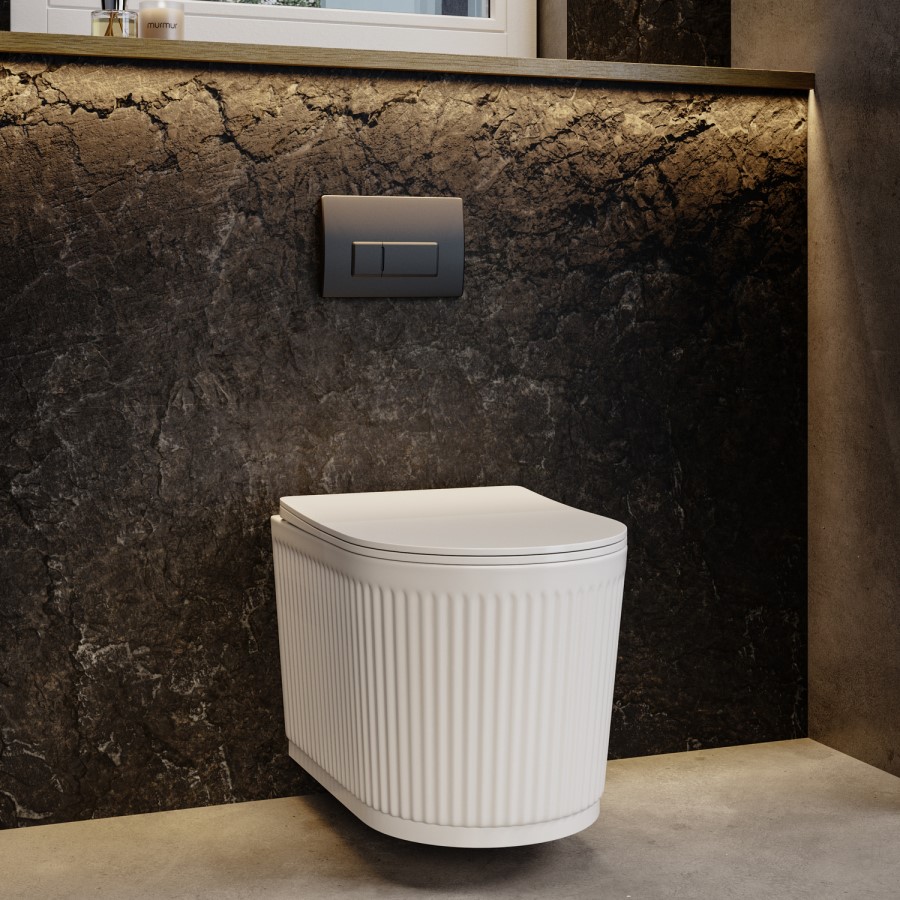 Fluted Wall Hung Toilet Toilet, 820mm Pneumatic Frame and Cistern & Gunmetal Pneumatic Flush Plate - Oregon
