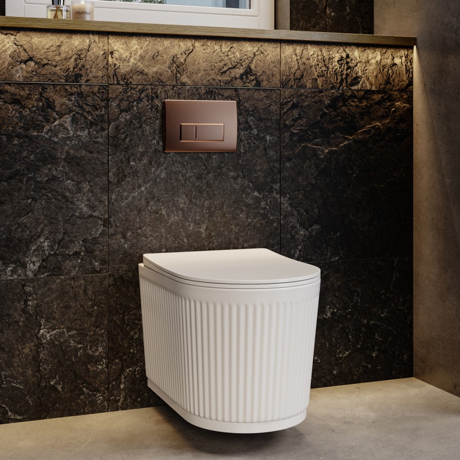 Fluted Wall Hung Toilet, 820mm Frame and Cistern & Brushed Bronze Pneumatic Flush Plate - Oregon