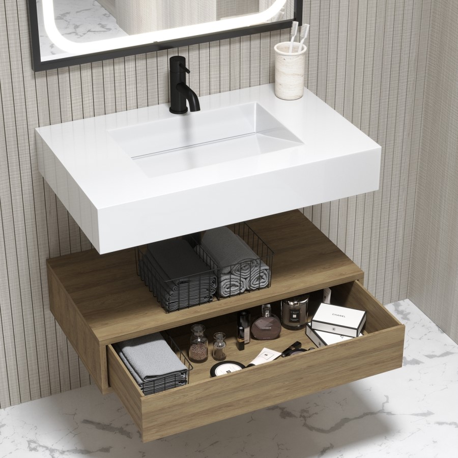 800mm Wood Effect Wall Hung Vanity Unit with Basin - Oslo