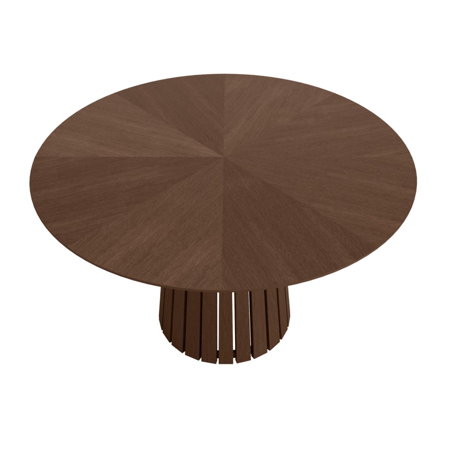 Round Walnut Dining Table Set with 4 Beige Upholstered Curved Dining Chairs - Seats 4 - Owen