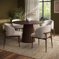 Round Walnut Dining Table Set with 4 Beige Upholstered Curved Dining Chairs - Seats 4 - Owen