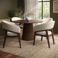 Round Walnut Dining Table Set with 4 Beige Upholstered Chairs - Seats 4 - Owen