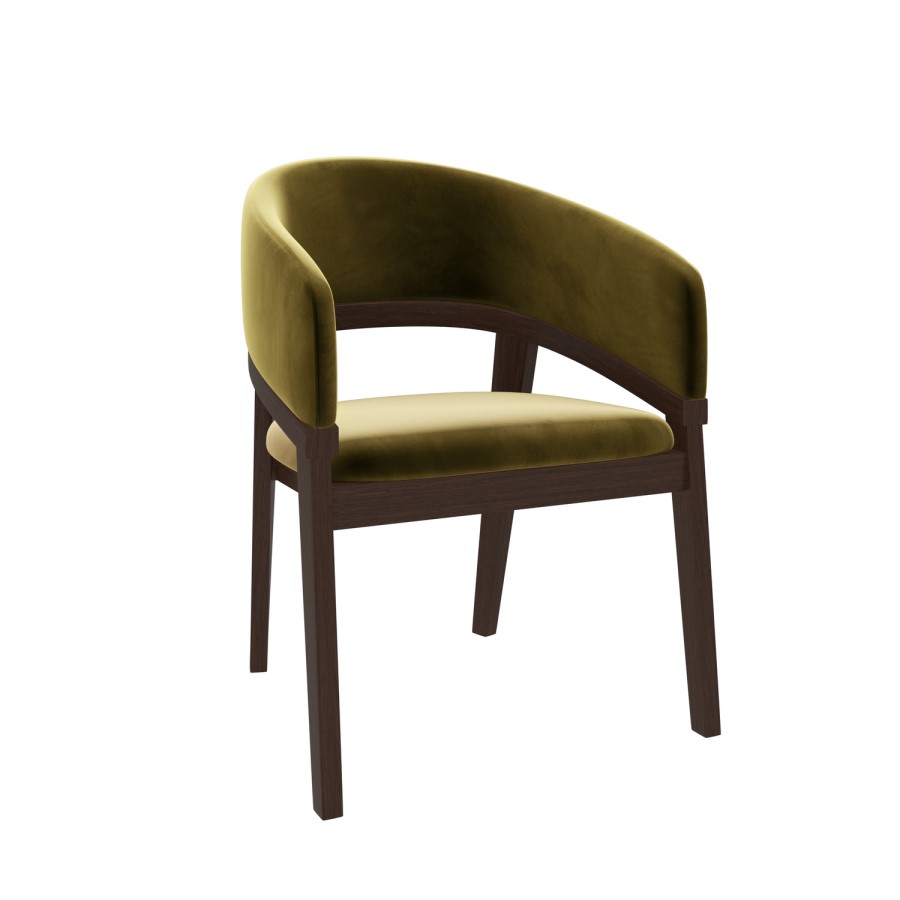Round Walnut Dining Table Set with 4 Olive Green Velvet Chairs - Seats 4 - Owen