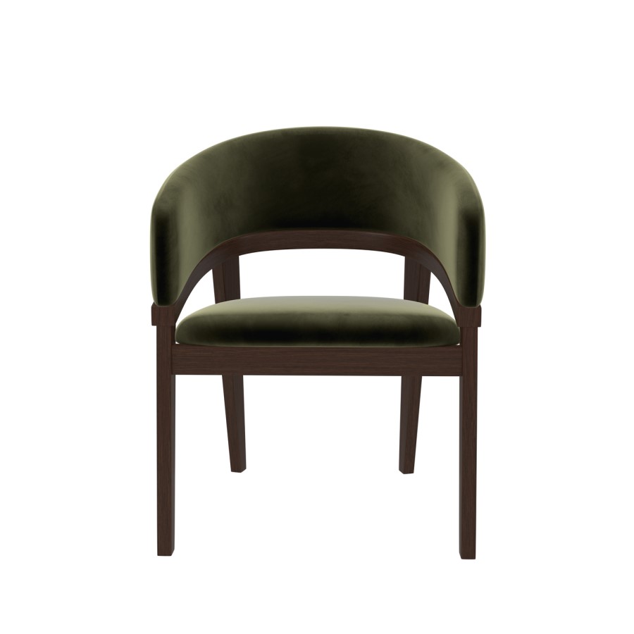Round Walnut Dining Table Set with 4 Olive Green Velvet Chairs - Seats 4 - Leona