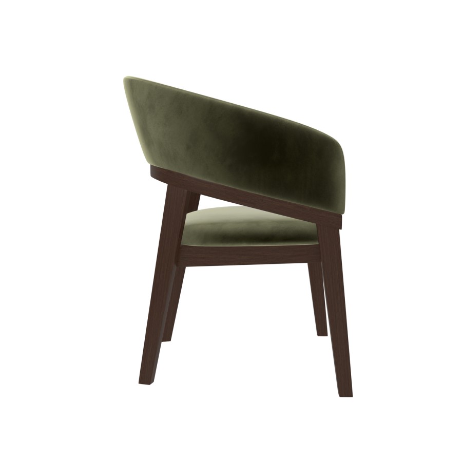 Round Walnut Dining Table Set with 4 Olive Green Velvet Chairs - Seats 4 - Leona