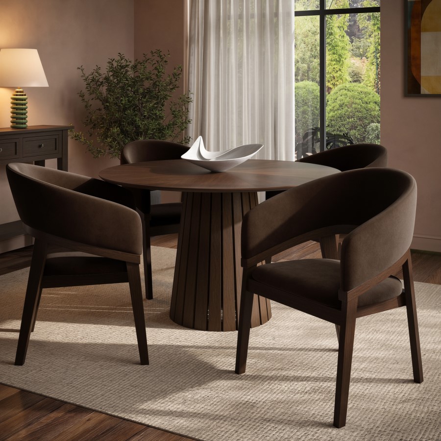 Set of 2 Walnut & Brown Velvet Curved Dining Chairs - Owen