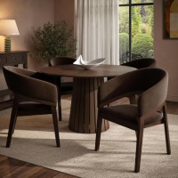 Round Walnut Dining Table Set with 4 Brown Velvet Chairs - Seats 4 - Owen