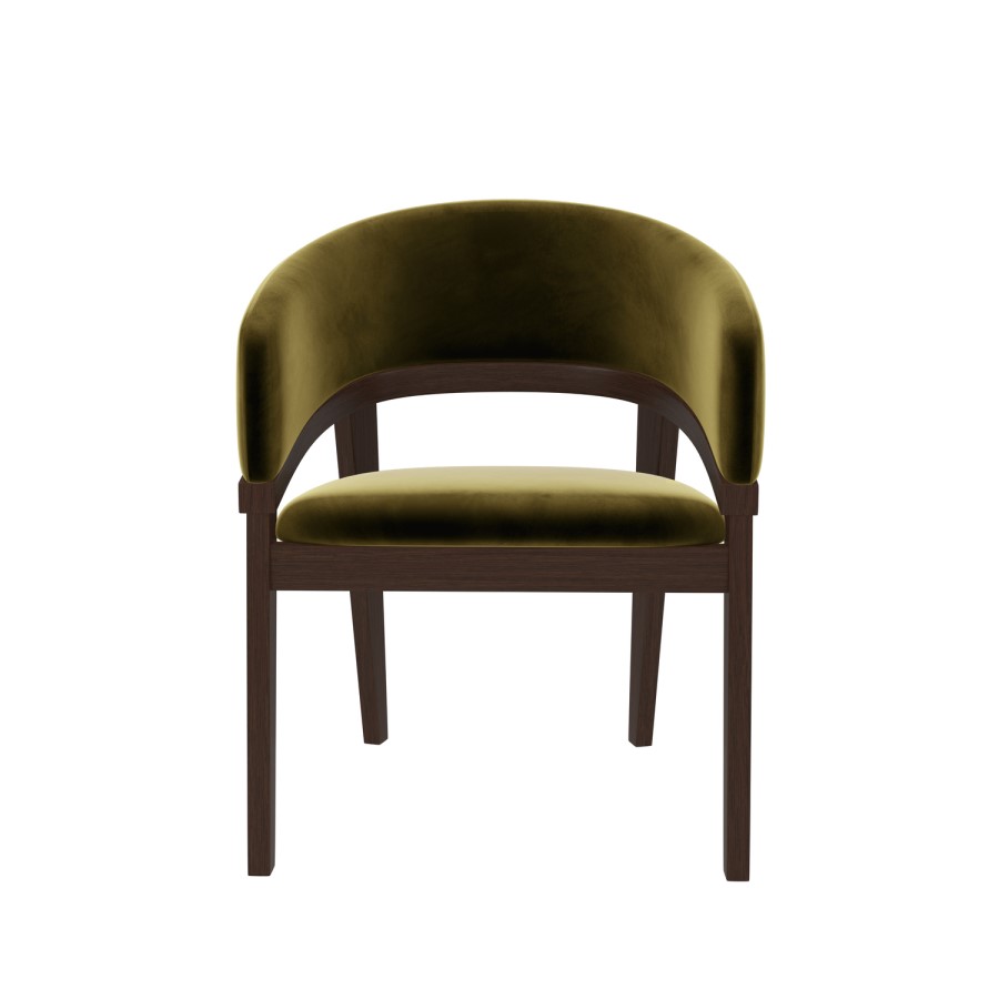 Set of 4 Walnut & Olive Green Velvet Curved Dining Chairs - Owen