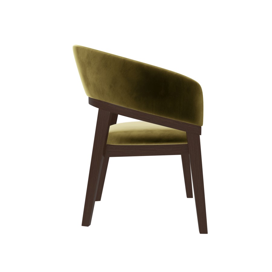 Set of 4 Walnut & Olive Green Velvet Curved Dining Chairs - Owen