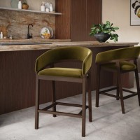 Set of 2 Walnut & Olive Green Velvet Curved Kitchen Stools with Backs - Owen